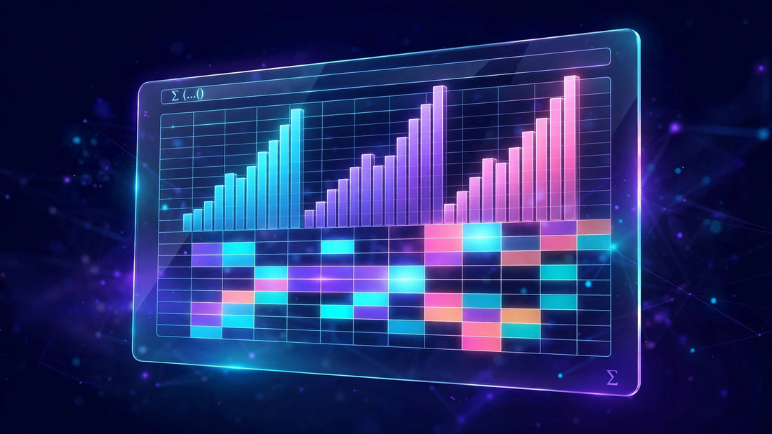 AOP3D Sheets free spreadsheet app with a glowing formula grid and charts