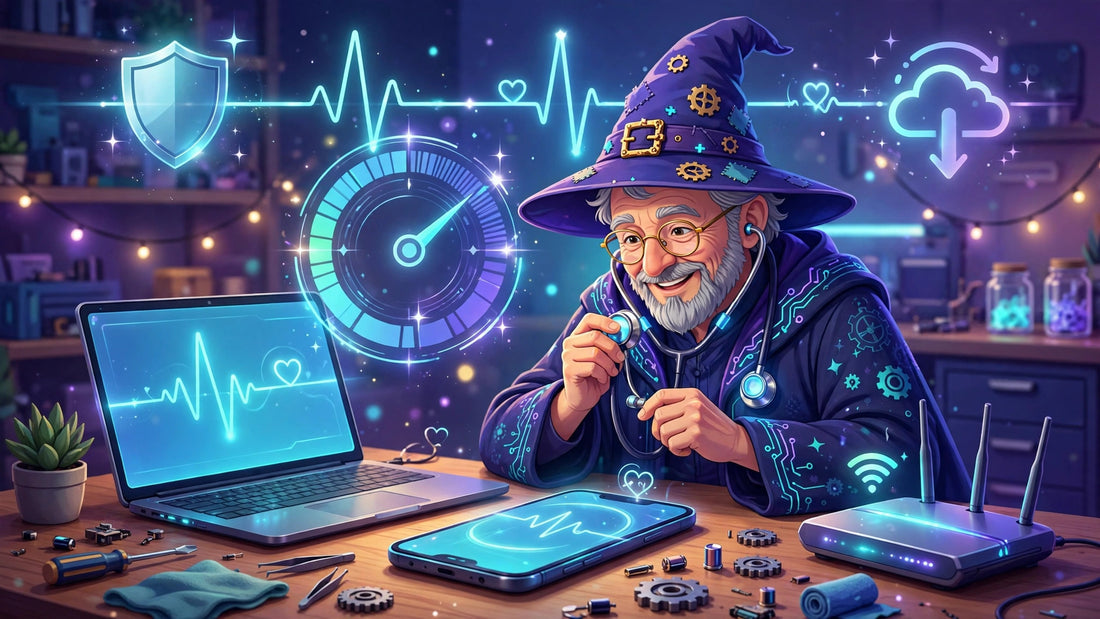 A friendly wizard giving a laptop, phone and Wi-Fi router a health checkup with a glowing score gauge