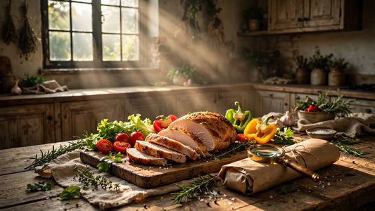 Roasted turkey breast with fresh vegetables, herbs, and a magnifying glass symbolizing careful food label reading