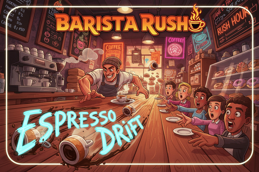 Barista Rush: Espresso Drift Theme: A frantic coffee shop where you slide espresso cups across a slick wooden counter to thirsty customers before they reach the register.