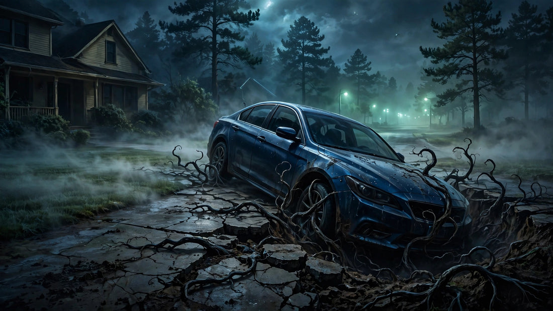 A sedan sinking into a cracked driveway at night as black roots curl toward its tires; the porch light is dark and pale green-white streetlights glow in the fog.