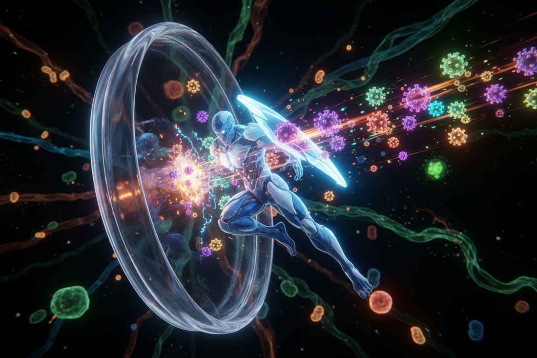 Cellular Defender: Viral Bounce Theme: Microscopic white blood cell fighting off viral infections in an elastic, confined Petri dish arena.