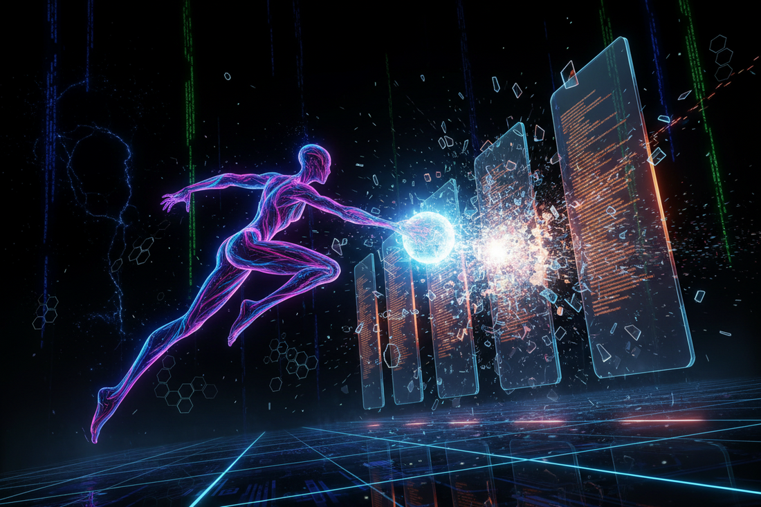 Cyber Breach: Firewall Bouncer Theme: A rogue hacker program bouncing a data packet to shatter descending security firewalls