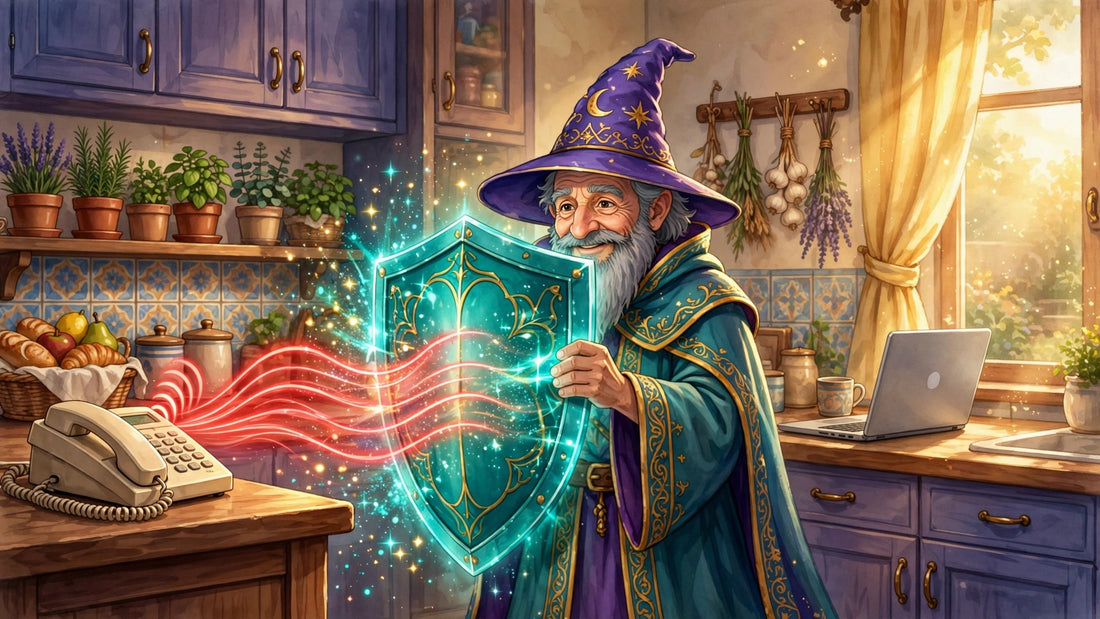 A wizard holding a glowing teal shield that blocks red scam waves from a ringing kitchen phone, keeping a laptop safe