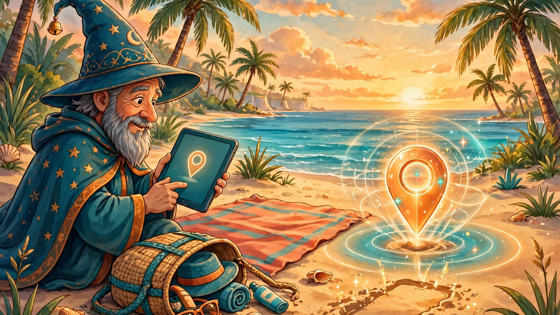 Wizard on a beach tracking a lost phone with a glowing location pin at sunset