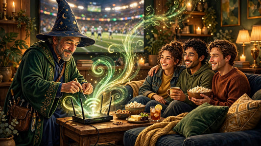 Wizard restoring Wi-Fi router during a big game night while friends watch the game