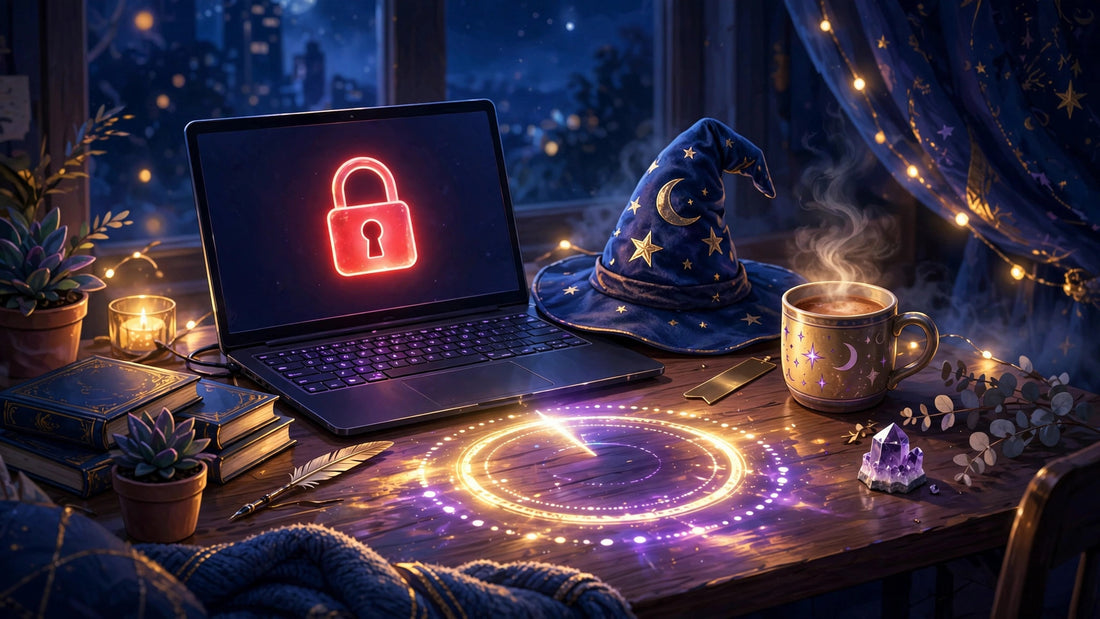 Midnight desk with a laptop showing a glowing red padlock and a wizard hat beside it