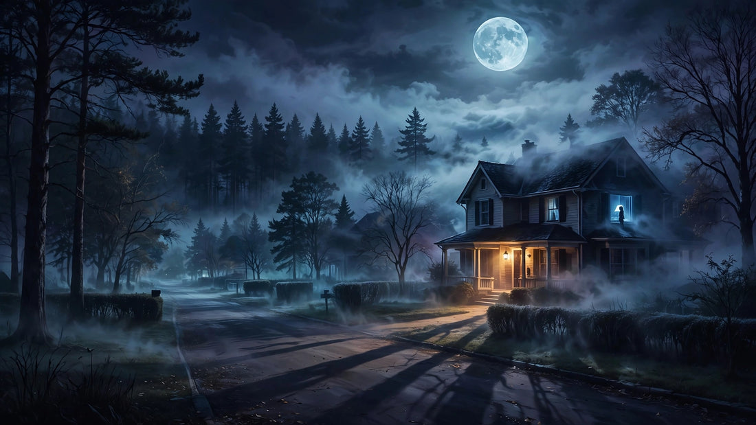 Moonlit suburban street at night with fog over rooftops and a lone porch light glowing; a girl's silhouette stands in an upstairs window