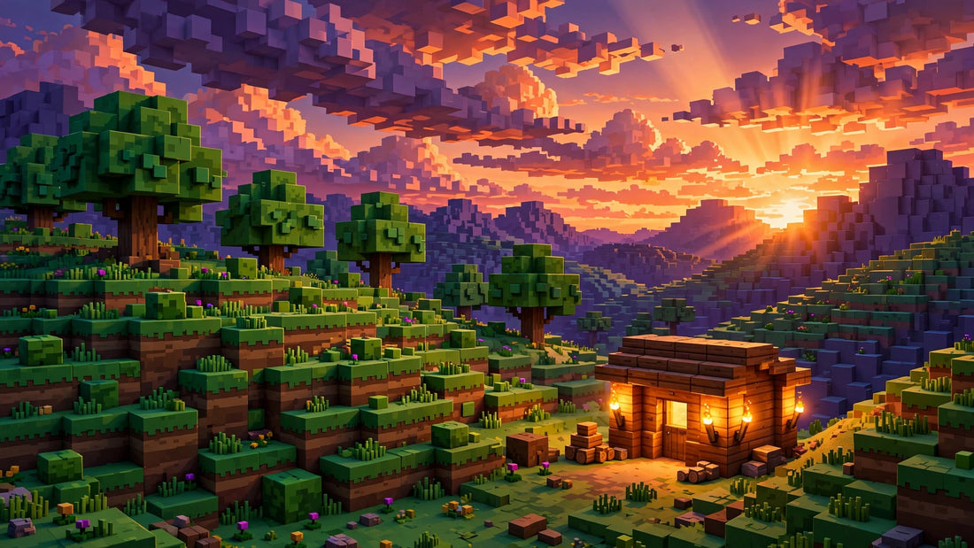 Original voxel-style illustration of a blocky game world at sunset — cube hills, blocky trees, and a small torch-lit wooden shelter