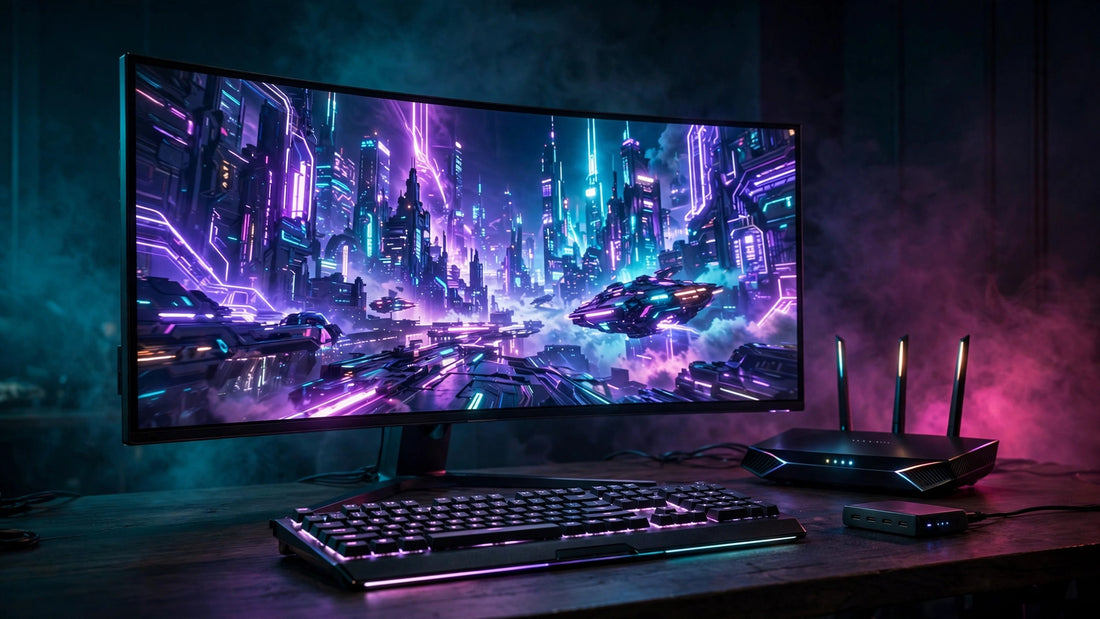 Premium gaming battlestation with ultrawide OLED monitor, mechanical keyboard, router and dock