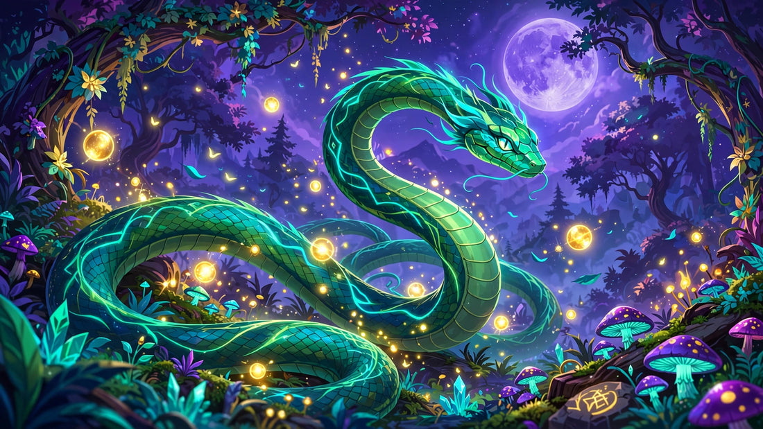 Luminous enchanted serpent in a twilight wizard's garden illustration