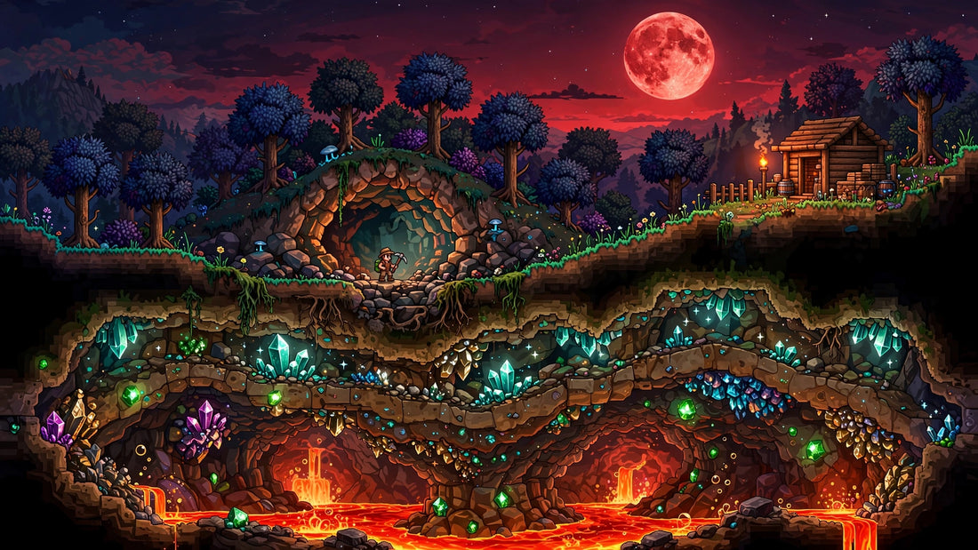 Original pixel-art illustration of a 2D sandbox world at night — a tiny explorer with a pickaxe at a cave mouth above layered ore-filled caverns, lava pools far below, a blood-red moon, and a torch-lit cabin