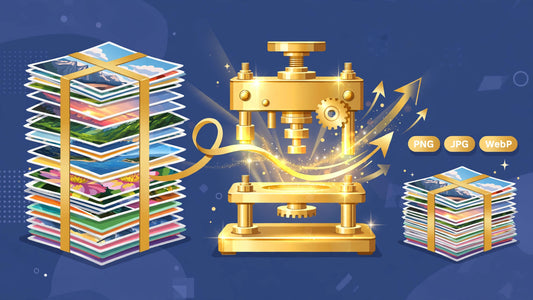AOP3D Image Compressor & Converter — photos shrinking through a golden press into a smaller stack, PNG JPG WebP