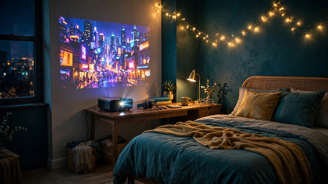 Cozy dorm room at night with a projector casting a movie onto the wall