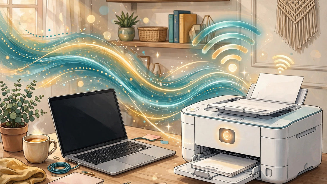 Home printer and laptop reconnecting over Wi-Fi on a bright desk