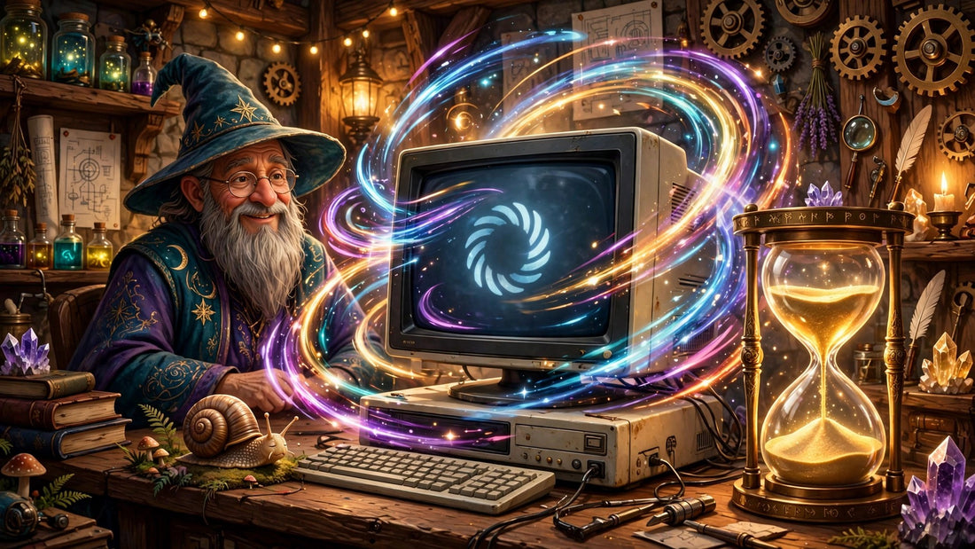 Wizard in a cozy workshop beside a slow old computer with a glowing hourglass and a snail