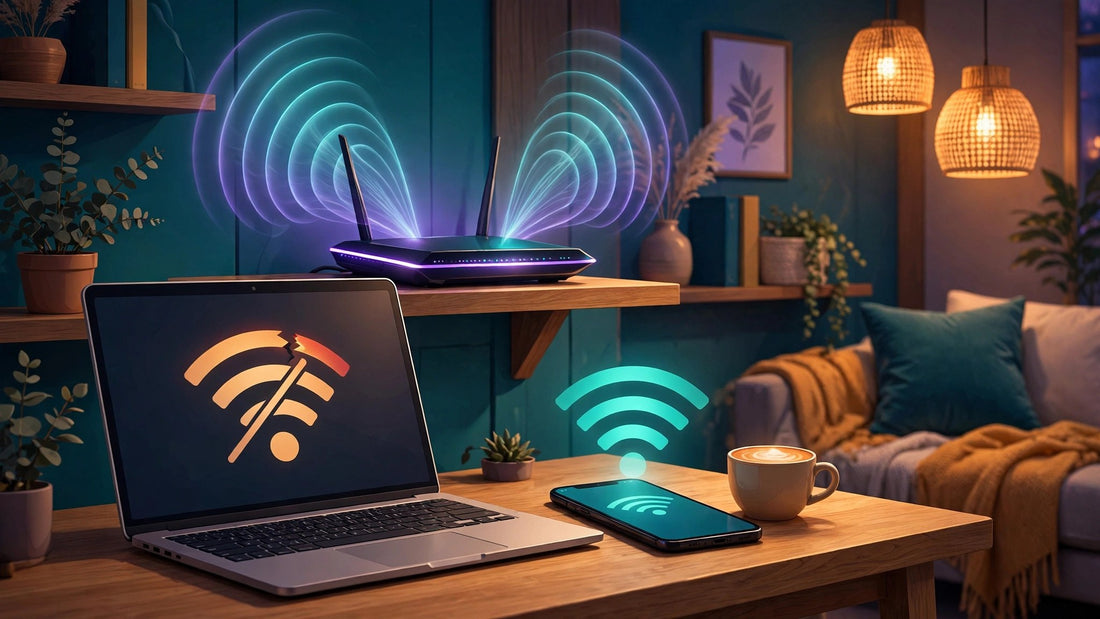 Laptop showing a dropped Wi-Fi connection while a phone stays connected, with a glowing router in a cozy home