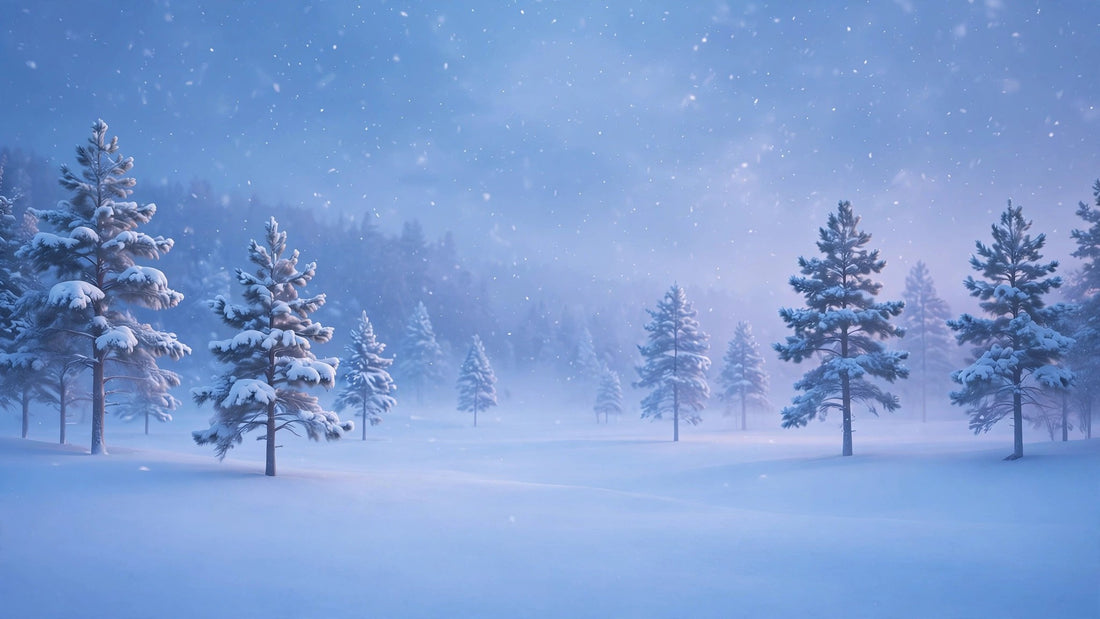 Serene winter landscape at first snowfall over snow-covered pines