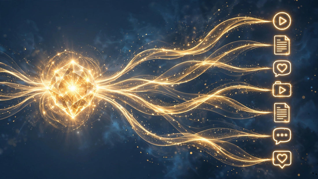 Golden idea fragmenting into glowing content formats