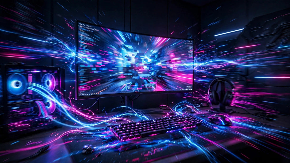 Neon gaming setup with speed lines suggesting lag and latency