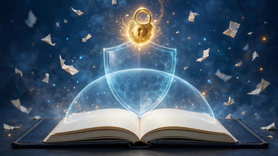 Open notebook with golden lock and protective shield of light
