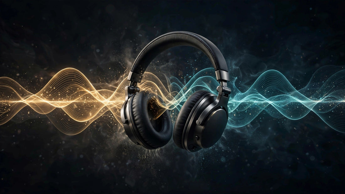 Headphones with golden and teal sound waves cancelling out