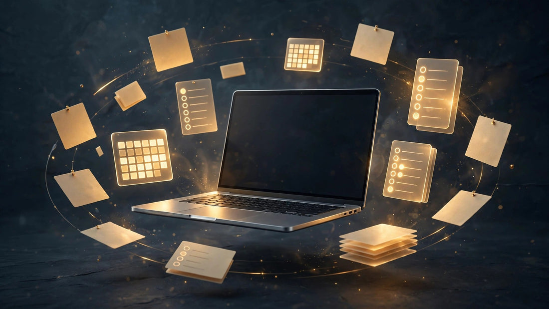 Laptop with floating glowing productivity task cards