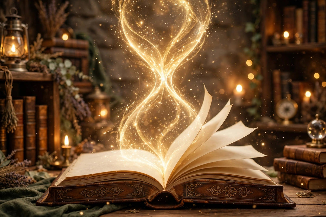 Magical open book with golden light in wizard library