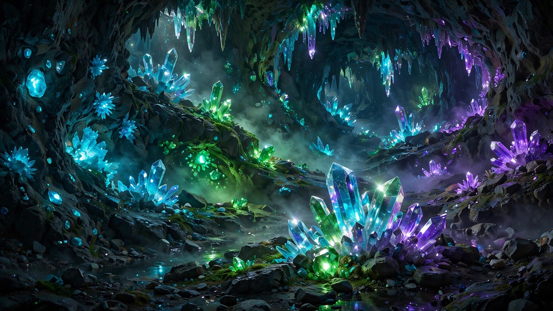 Glowing crystal cavern with cyan emerald and violet gems