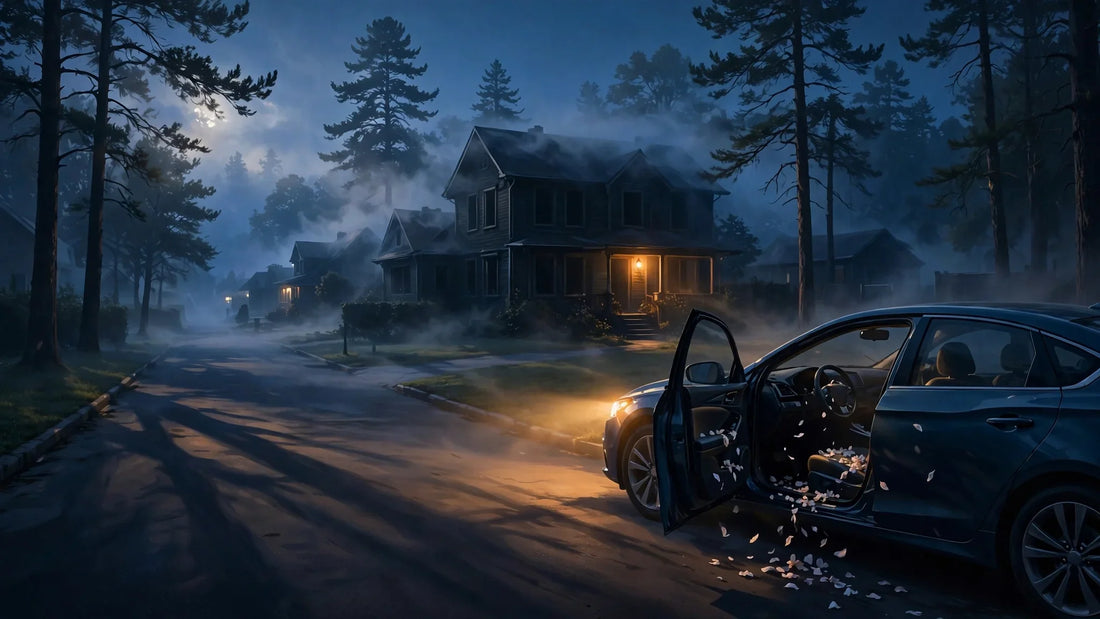 Moonlit suburban street at night with an empty car, driver's door open, in front of a dark house with one glowing porch light