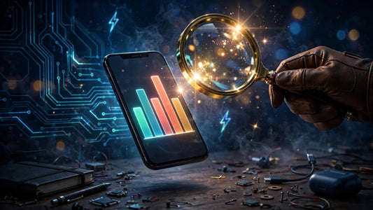 Detective-style magnifying glass over a smartphone showing a colorful battery usage bar chart