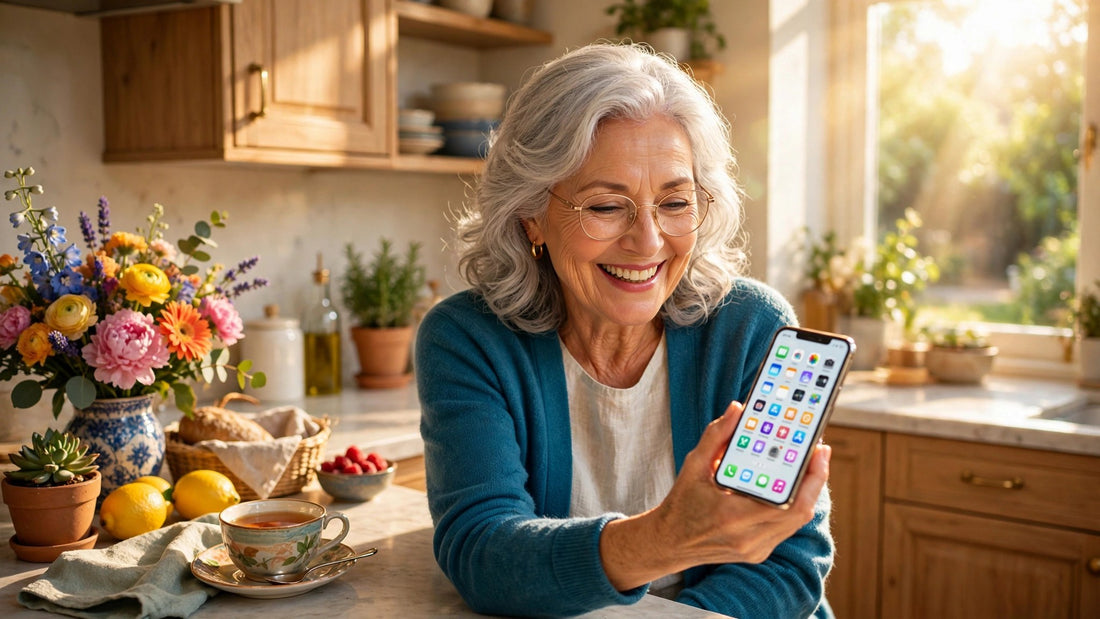 Happy senior woman smiling at a bright, easy-to-see phone screen in a sunny kitchen