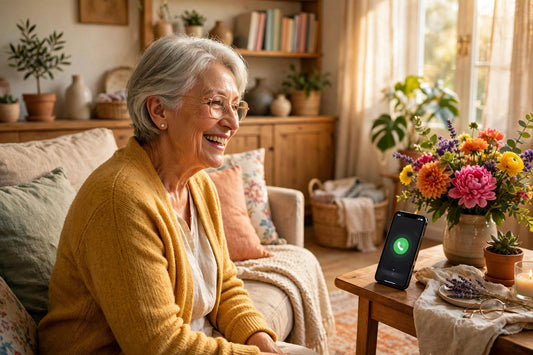 Happy senior woman smiling in a bright living room as her smartphone rings on a side table