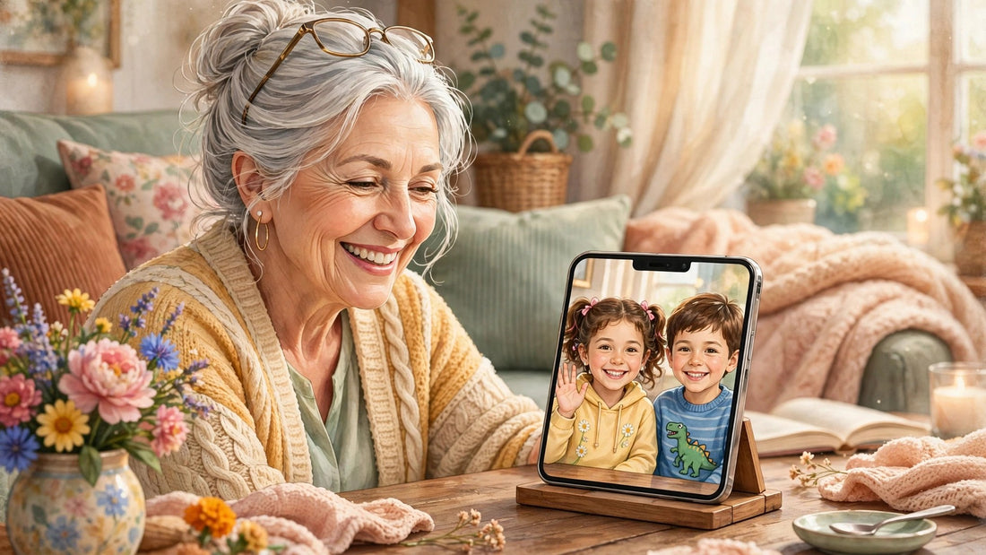 Senior woman smiling during a video call with her grandchildren on a smartphone