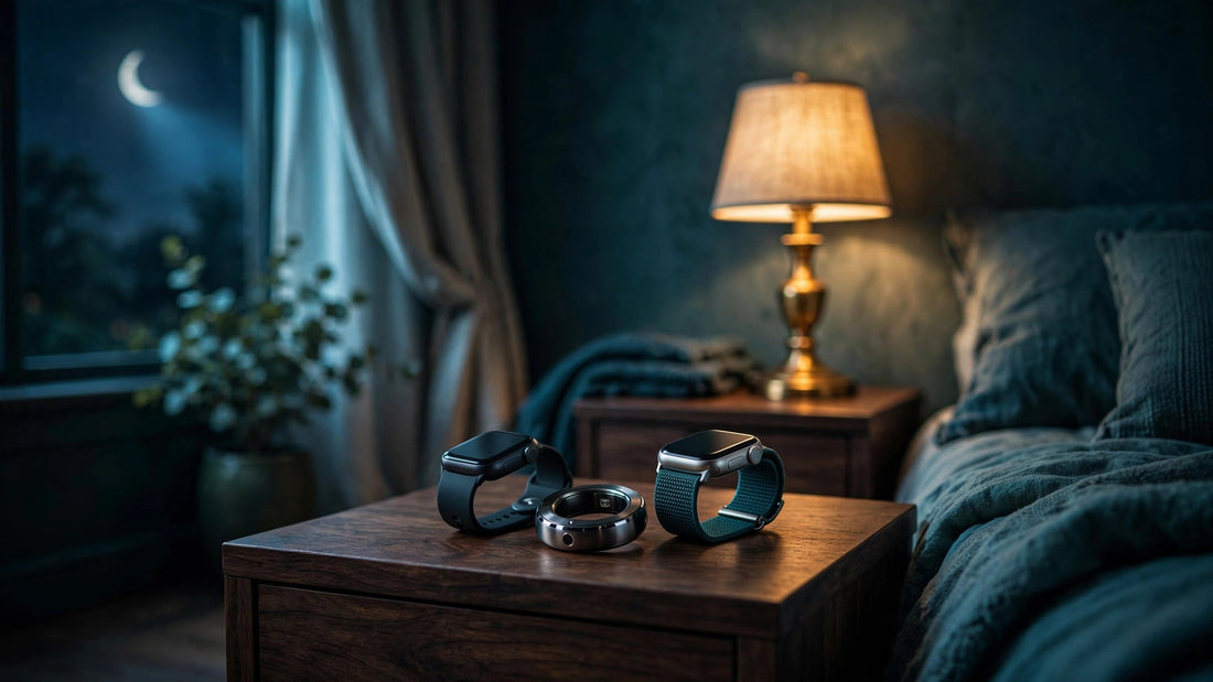 Smart ring and smartwatches on a nightstand in a moonlit bedroom