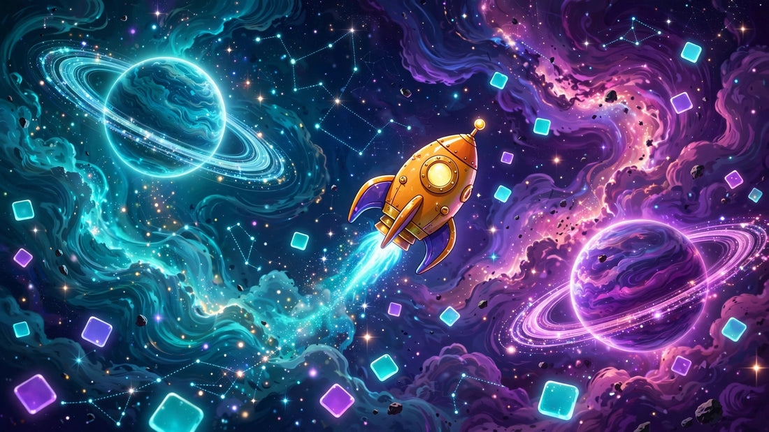 Cosmic deep-space scene with planets, rocket and glowing letter tiles