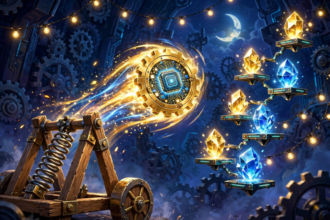 Spring catapult launching a golden gear at floating crystal cores