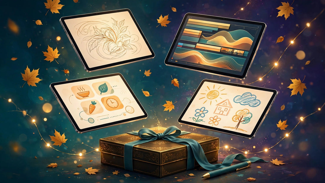 Four glowing tablets floating above a gift box with autumn fairy lights