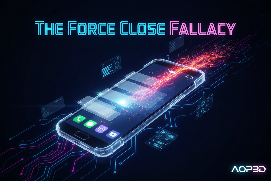 Featured image: The "Force Close" Fallacy: Why Swiping Away Background Apps Is Secretly Killing Your Battery  ( BY AOP3D )
