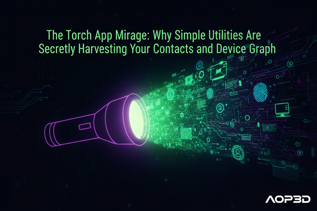 Featured image: The "Torch App" Mirage: Why Simple Utilities Are Secretly Harvesting Your Contacts and Device Graph ( BY AOP3D )