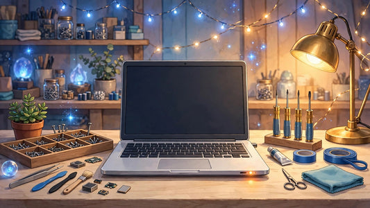 Laptop with blinking power light on a repair workbench