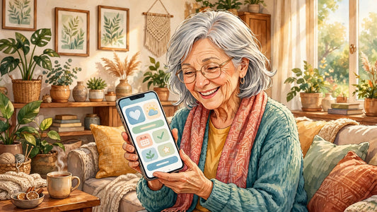 Smiling senior woman holding a smartphone with large icons