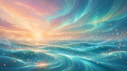 Serene sunrise over a flowing digital ocean of light
