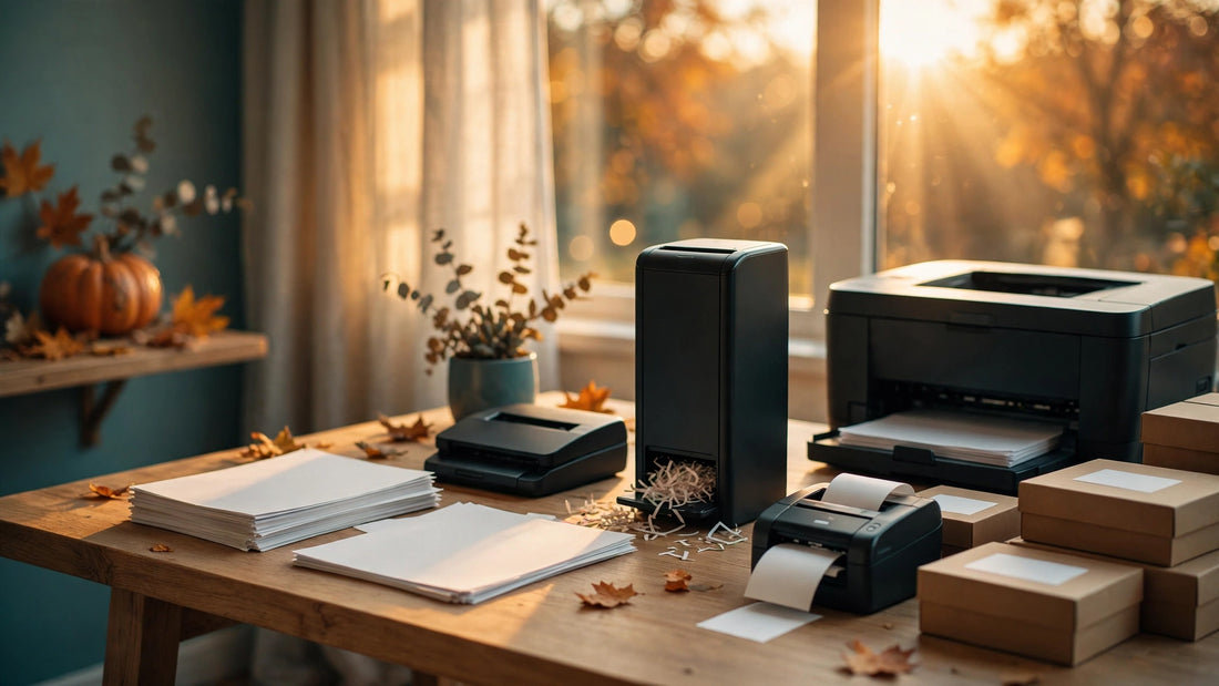 Elegant home office desk with laser printer, shredder, label printer and shipping boxes at golden hour