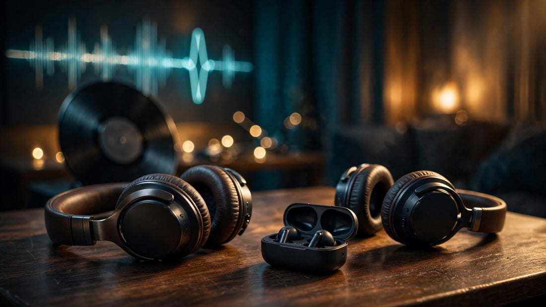 Premium headphones and earbuds on a wooden table in warm golden light with a vinyl record, audiophile listening mood