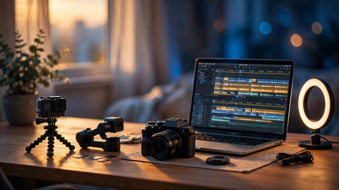 Creator studio desk with action camera, gimbal camera and mirrorless camera