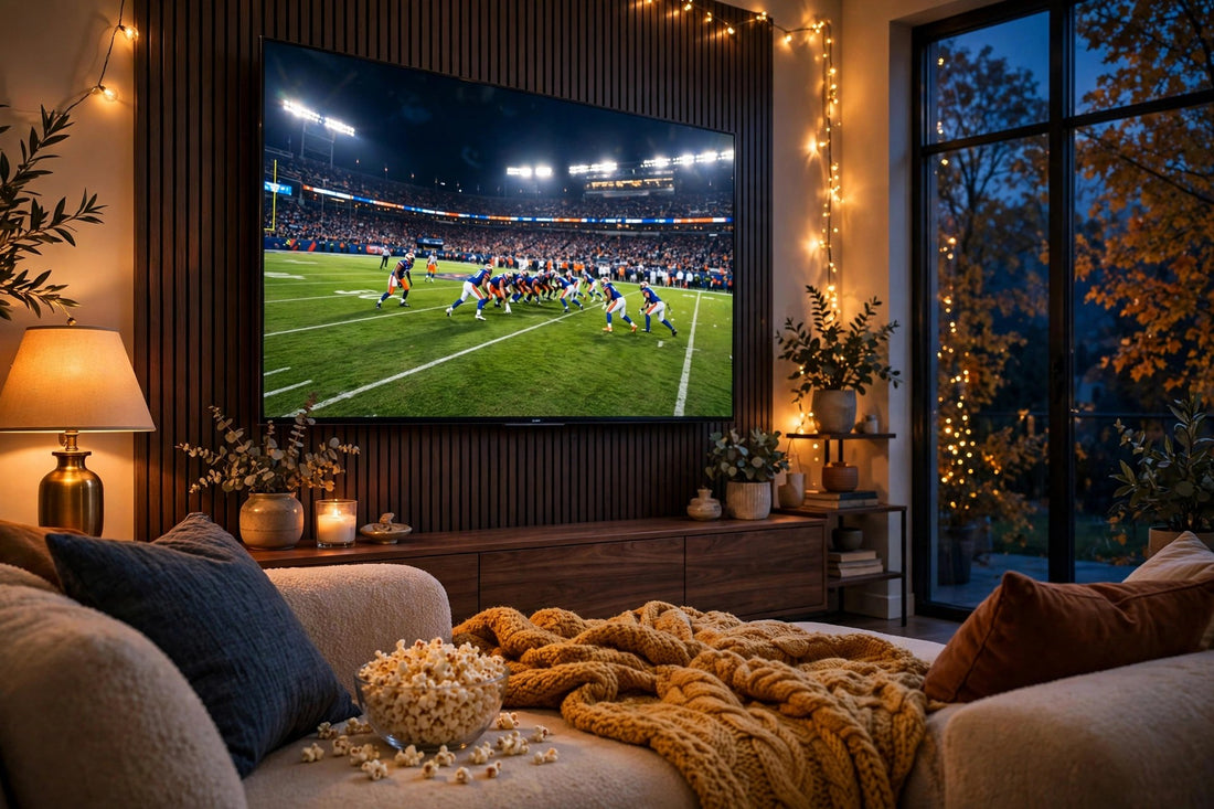 Cozy fall living room with a big-screen TV showing a football game