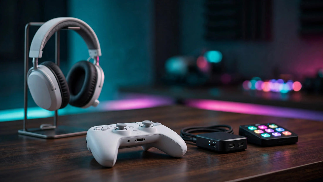 Gaming content-creation setup with controller, headset, capture card and stream deck