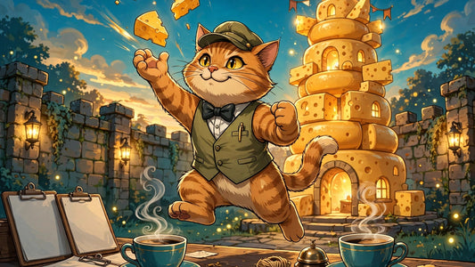 Mister Whiskers the cat manager catching falling cheese in front of the glowing cheese tower at Annex Delta