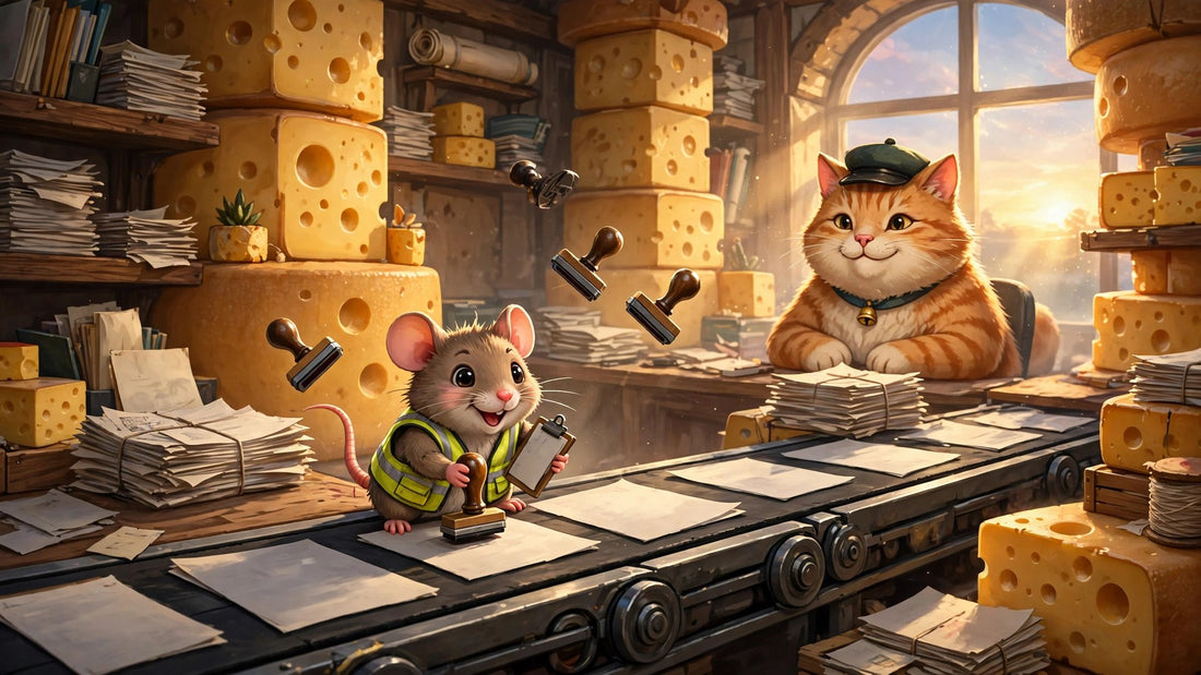 Junior Auditor Feta the mouse stamping cheese audit forms on a conveyor while Mister Whiskers watches